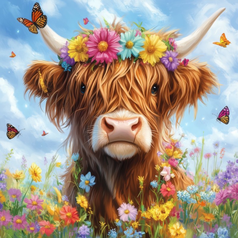Hochlandrind mit Blumen