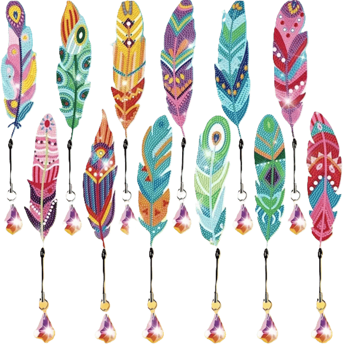 Set aus 12 Diamond Painting Lesezeichen | Funkelnde Federn