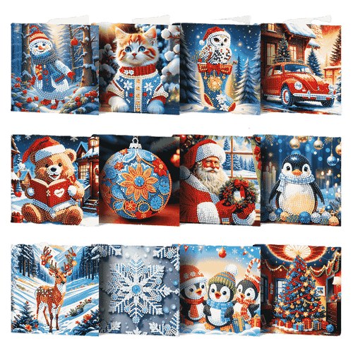 12 Weihnachtskarten – Weihnachtsmann & Tierchen-Set