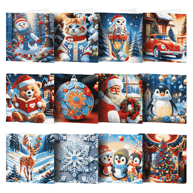 12 Weihnachtskarten – Weihnachtsmann & Tierchen Set