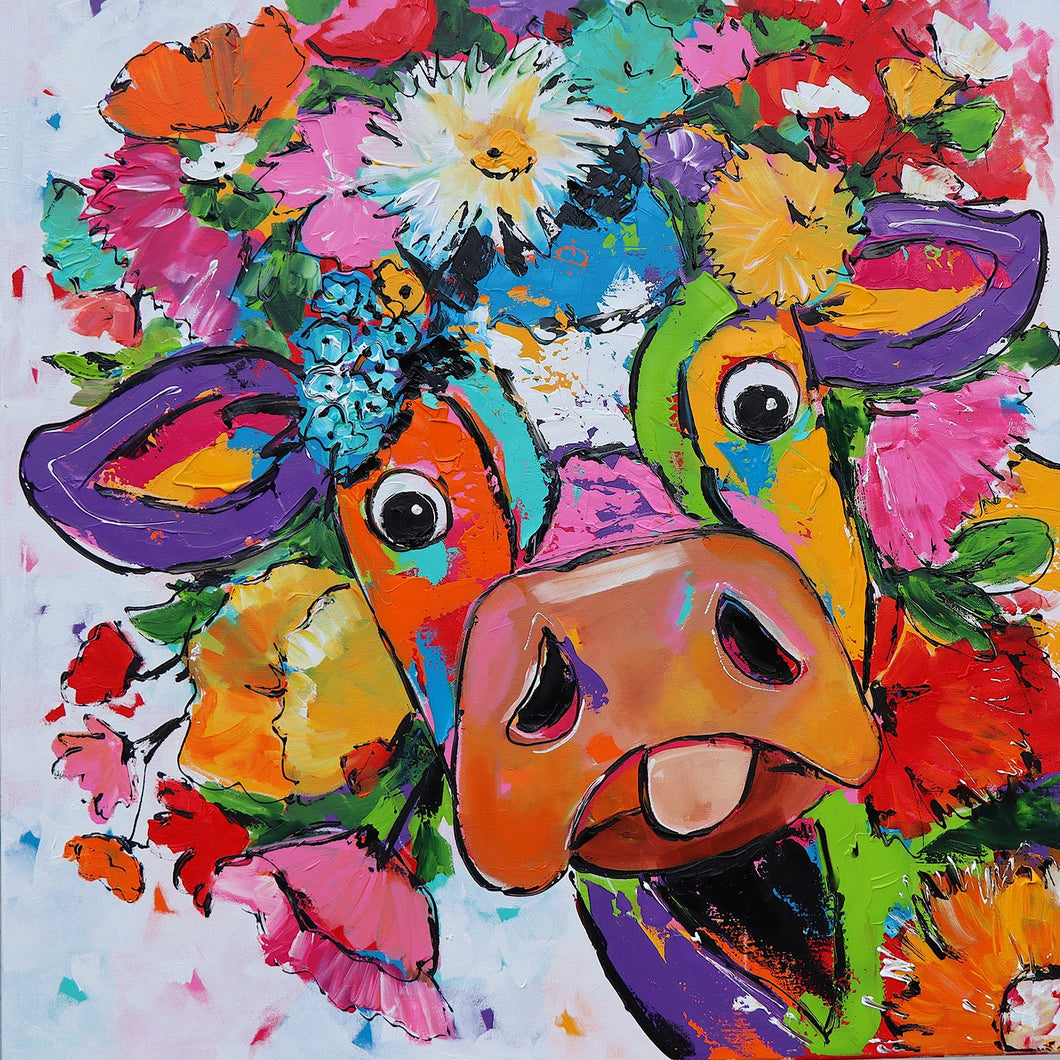 Fröhliche Malerei   Kuh mit Blumen