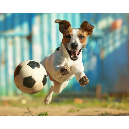 Hund spielt mit Fußball