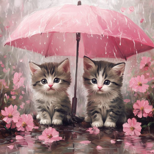 Kätzchen unter dem rosa Regenschirm