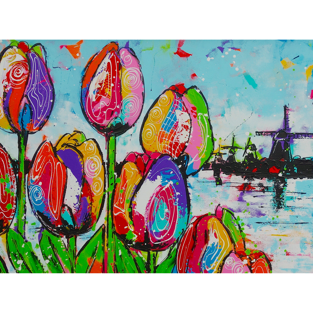 Fröhliche Malerei   Tulpen und Mühle