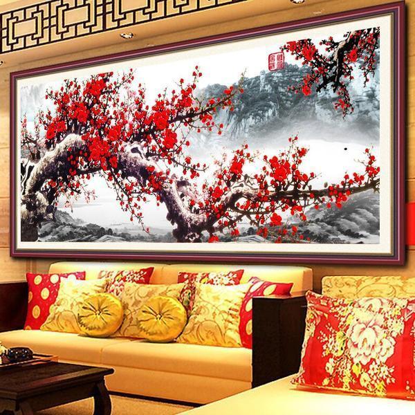 Baum mit roten Blüten ab 40x100cm Diamond painting Deutschland | Diamond painting eigenes bild | Diamond painting kaufen | Diamond painting 5D | Diamond painting amazon | Diamond painting eigenes foto