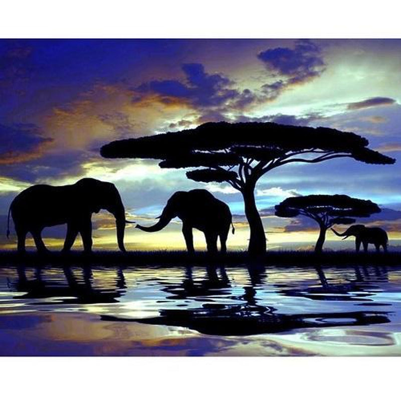 Elefantensilhouette bei Sonnenuntergang Diamond painting Deutschland | Diamond painting eigenes bild | Diamond painting kaufen | Diamond painting 5D | Diamond painting amazon | Diamond painting eigenes foto