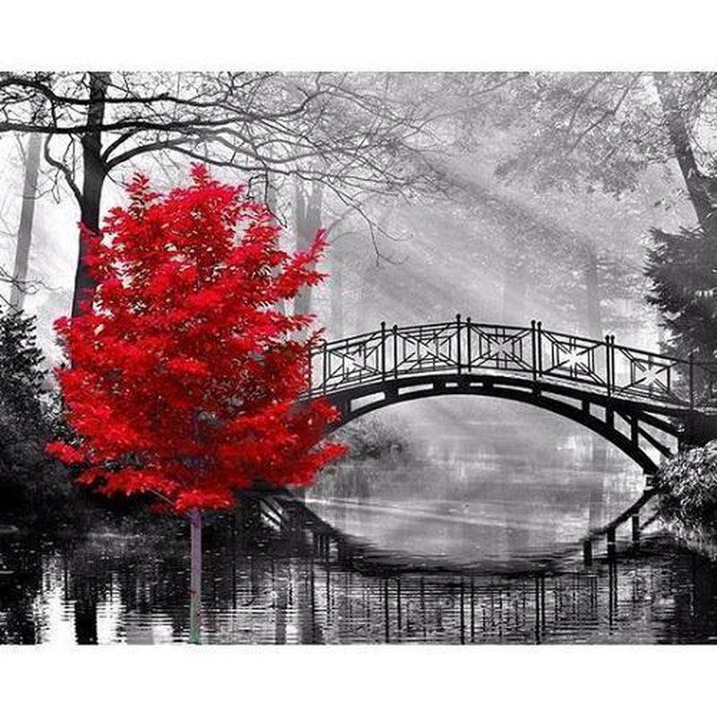 Roter Baum bei der Brücke Diamond painting Deutschland | Diamond painting eigenes bild | Diamond painting kaufen | Diamond painting 5D | Diamond painting amazon | Diamond painting eigenes foto