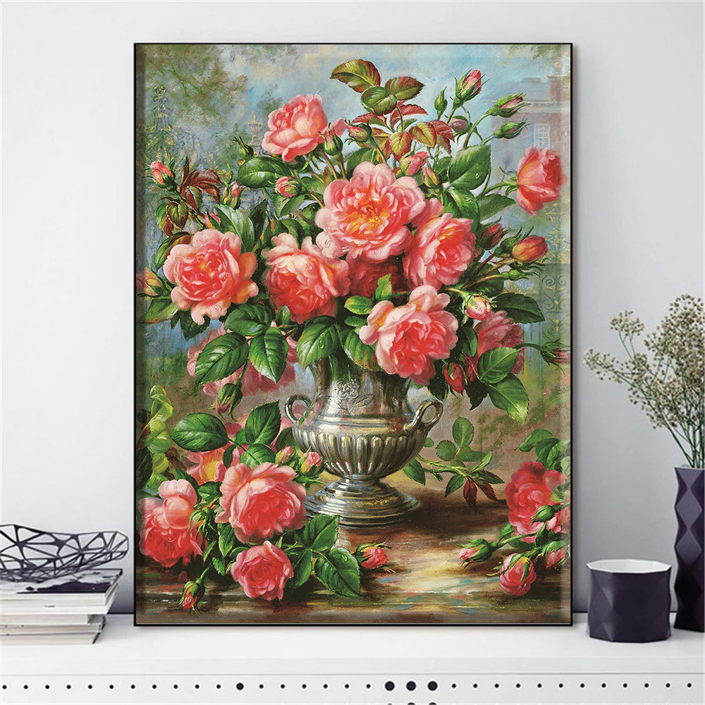 Vase rosa Rosen ab 50x70cm Diamond painting Deutschland | Diamond painting eigenes bild | Diamond painting kaufen | Diamond painting 5D | Diamond painting amazon | Diamond painting eigenes foto